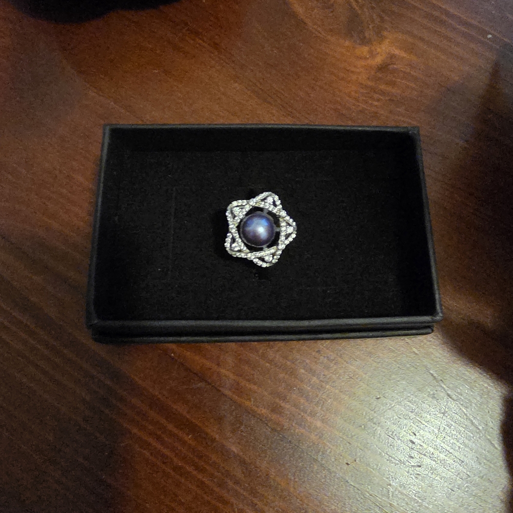 Elegant Silver Ring With Peacock/ Black Pearl And Crystals NIB